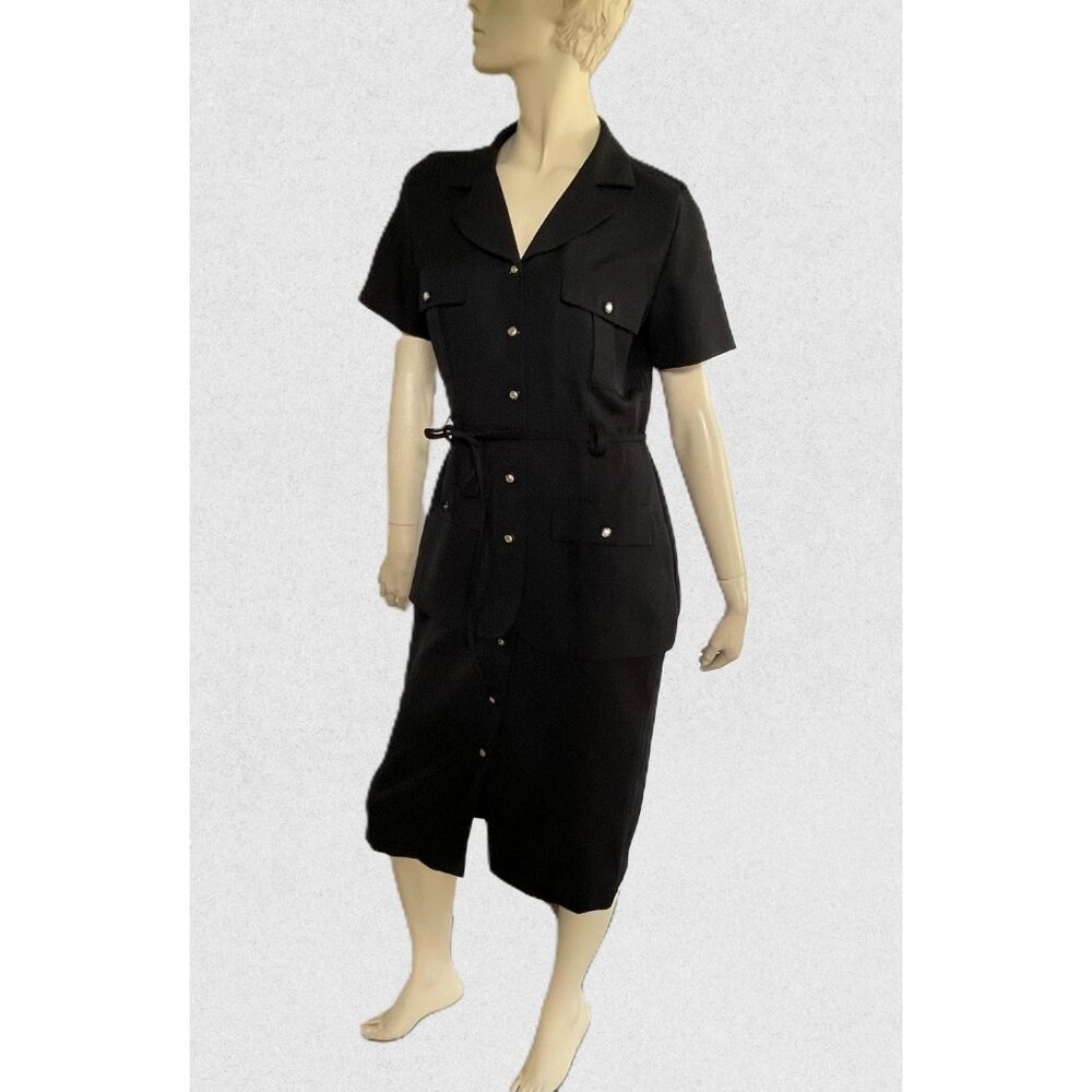 1980s Black Dress, Size L, Midi-Length Button Down Dress by V.I.P. Petites